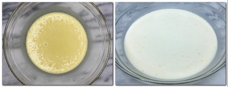 Photo 3: Eggs mixture in a bowl Photo 4: Ready batter in a glass bowl