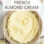 Almond cream in a bowl with ground and whole almonds: Pin with text.