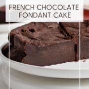 Sliced chocolate fondant cake on a white cake stand: Pin with text.