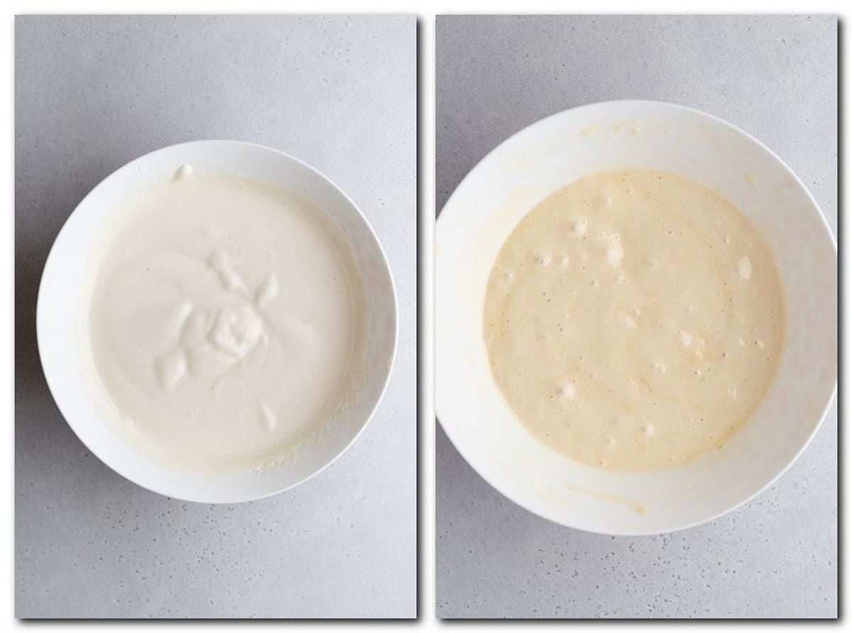Photo 1: Beaten eggs with sugar in a bowl Photo 2: Cake batter in a bowl 