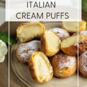 Italian cream puffs filled with pastry cream on a plate: Pin with text.