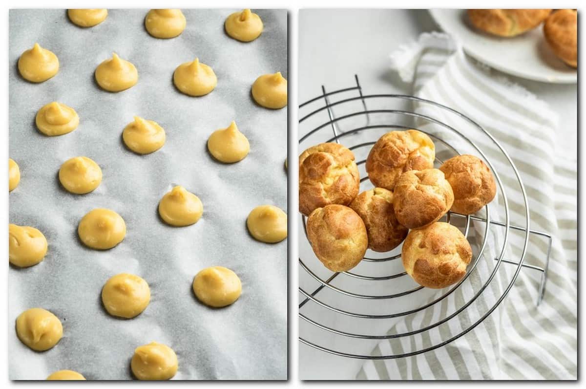 Photo 5: Choux pastry mounds on parchment Photo 6: Baked choux puffs on a wire rack 