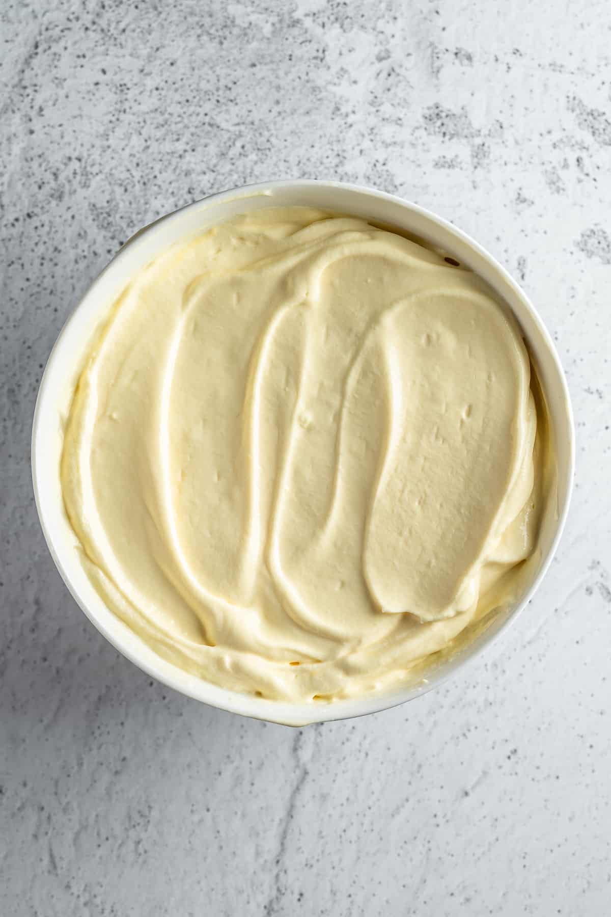 Tiramisu mascarpone cream in a bowl. 