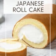 Sliced Japanese roll cake on a wire rack.