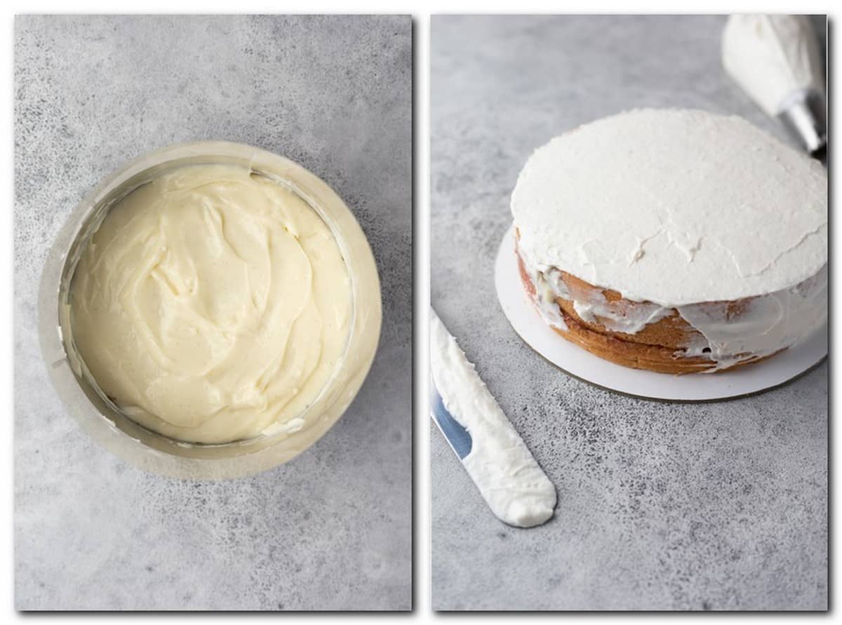 Photo 3: Vanilla cream layer in a cake mold Photo 4: Cake partially covered with cream