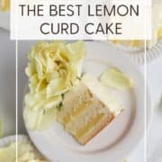 Lemon curd cake slices on plates: Pin with text.