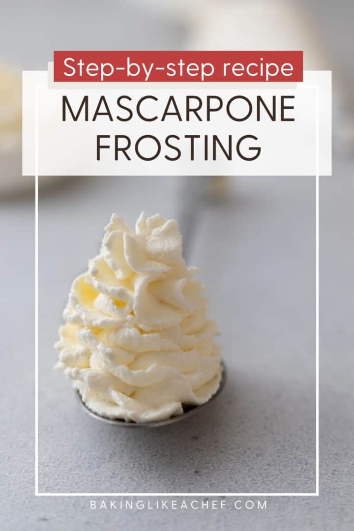 Mascarpone frosting piped on a spoon: Pin with text