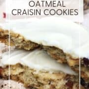 Oatmeal craisin cookies on a stone board: Pin with text.