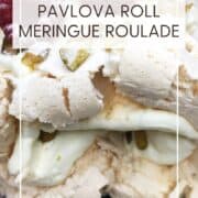 Meringue roulade on a serving platter: Pin with text.