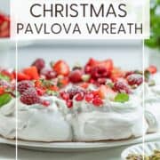 Christmas Pavlova wreath on a serving platter: Pin with text.