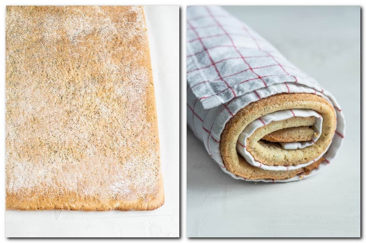 Photo 3: Baked cake on parchment paper Photo 4: Cake rolled in a towel .
