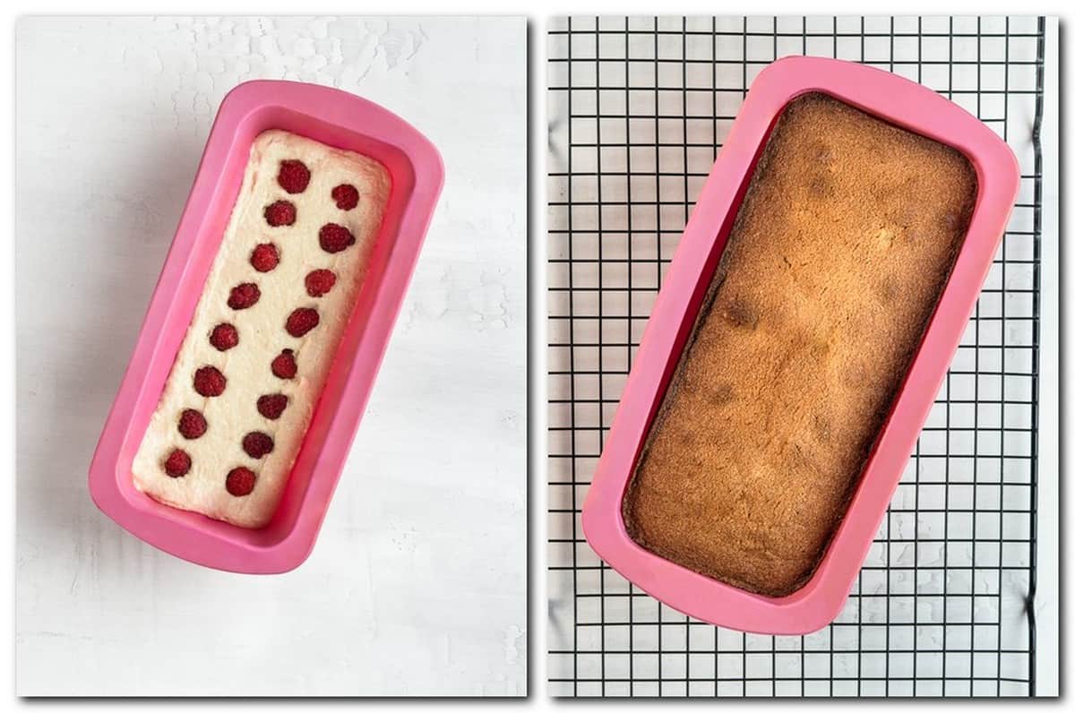 Photo 5: Raspberries over the batter in a mold Photo 6: Baked cake in a pan 