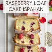 Sliced raspberry loaf cake Ispahan on a white serving board: Pin with text.