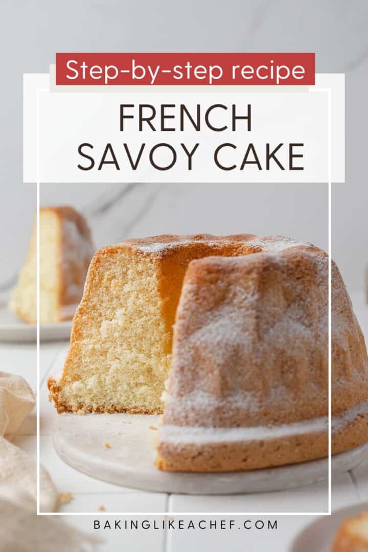 Sliced Savoy cake on a serving board: Pin with text.