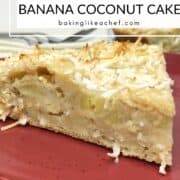 A single slice of sugar free banana coconut cake on a dessert plate: Pin with text.