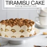 Tiramisu torta on a cake stand: Pin with text.