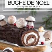 Buche de Noel with meringue mushrooms on top: Pin with text.