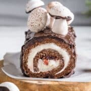 French Yule log on a serving board: Pin with text.