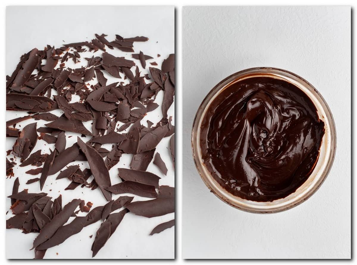 Photo 5: Chocolate shavings on parchment Photo 6: Chocolate ganache in a bowl 
