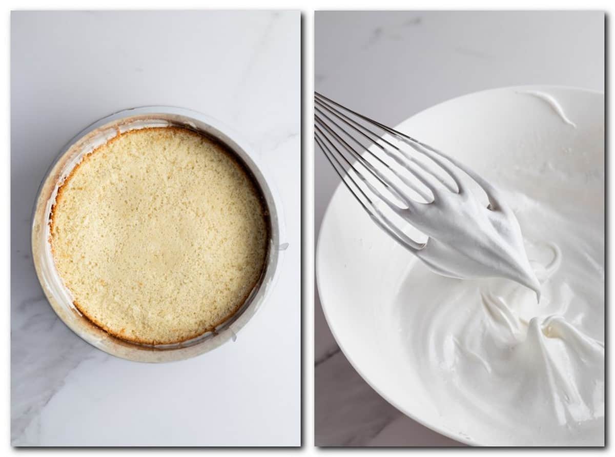 Photo 3: Vanilla cake layer in a mold Photo 4: Stiff meringue on a whisk 