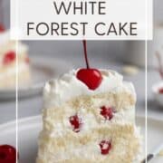 A single slice of White Forest cake on a dessert plate: Pin with text.