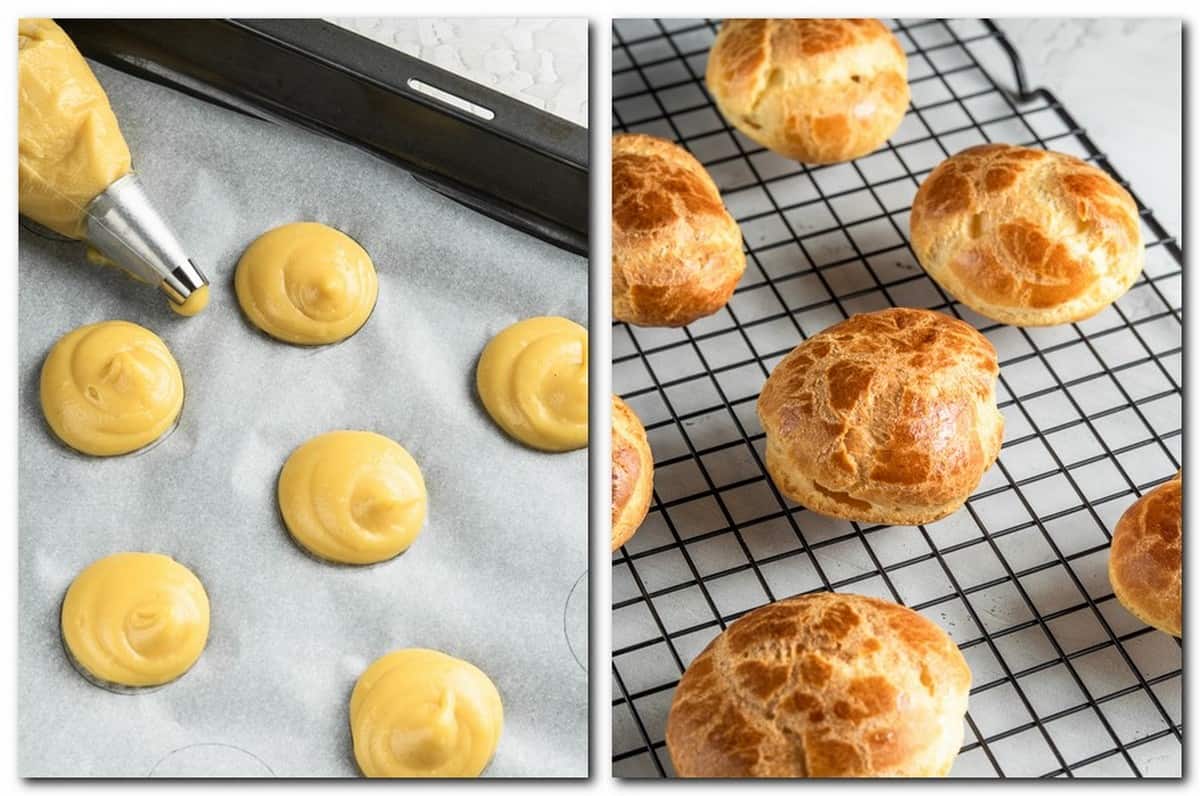 Photo 5: Piped choux mounds on parchment Photo 6: Baked choux shells on a wire rack 